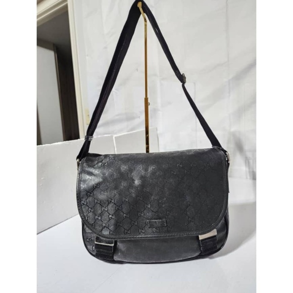 Authentic GUCCI Imprime Monogram Medium Double Buckle Flap Messenger Bag Black - Picture 16 of 16